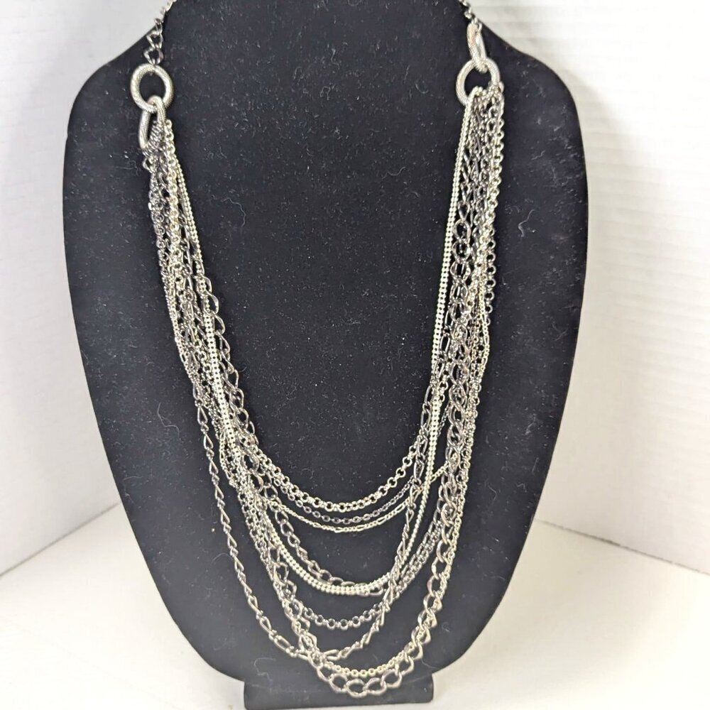 Vintage Multi Strand Silver Tone Statement Chain Necklace 24 Inch